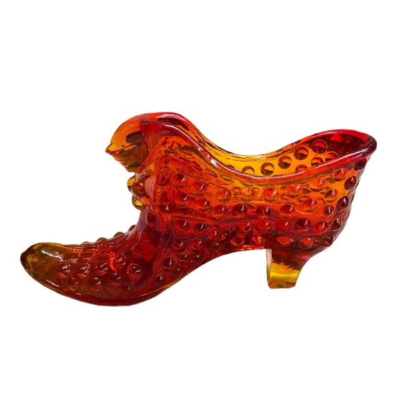 Vintage 70’s Fenton Persimmon Orange Hobnail 6" Long Cat Head Slipper Shoe - Picture 3 of 5